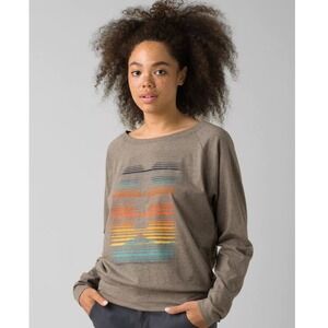 Prana Womens M Graphic Long Sleeve Top Heather Brown Sunset Mountain Raglan Tee